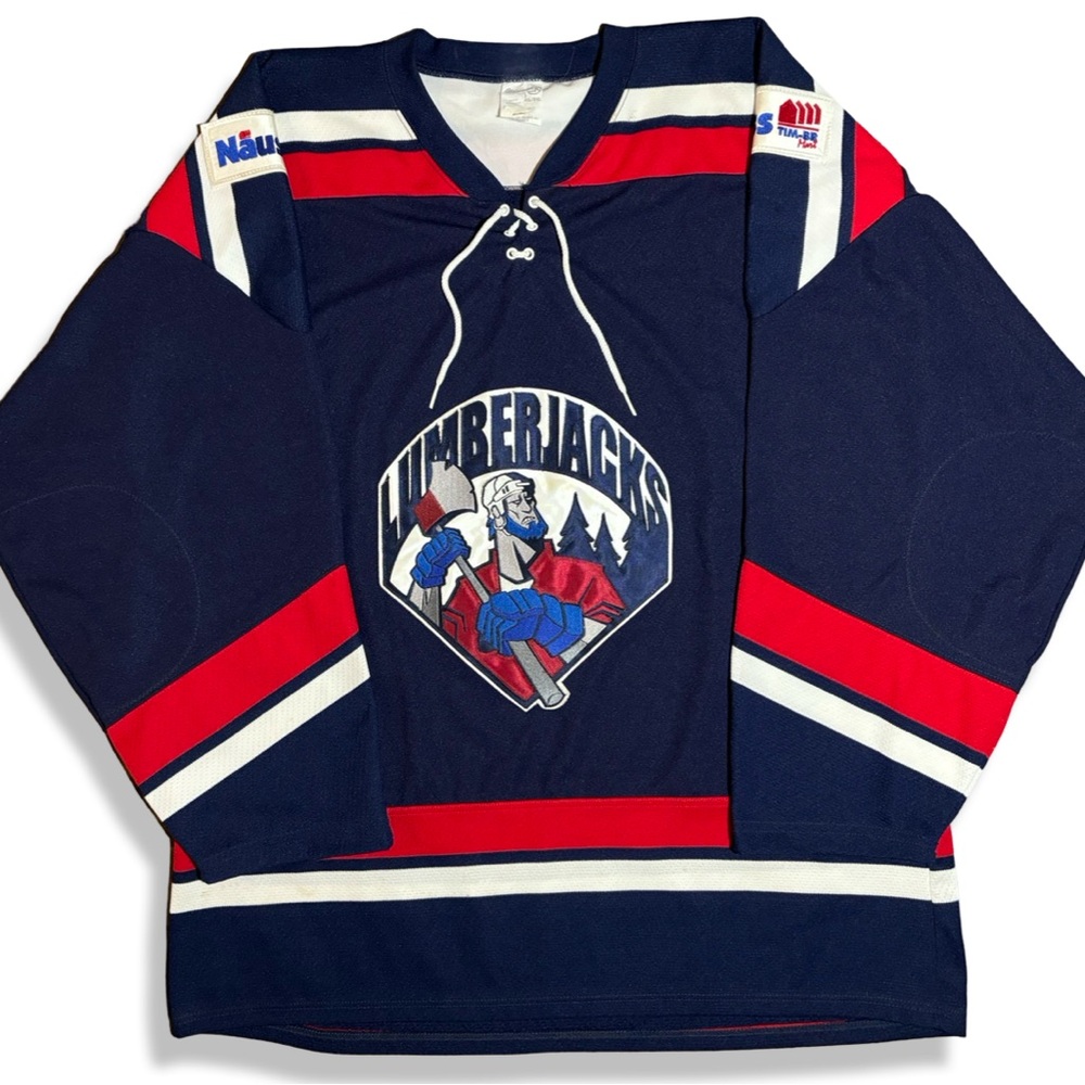 Athletic Knit Navy and Red Lumberjacks Hockey Jersey